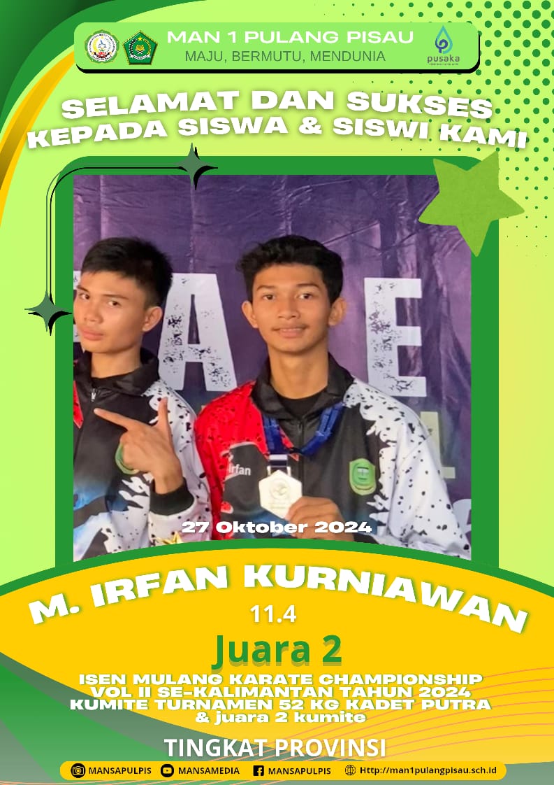 M.Irfan Kurniawan Berhasil Meraih Juara 2 kategori 52Kg Kadet Putra dan Kumite 